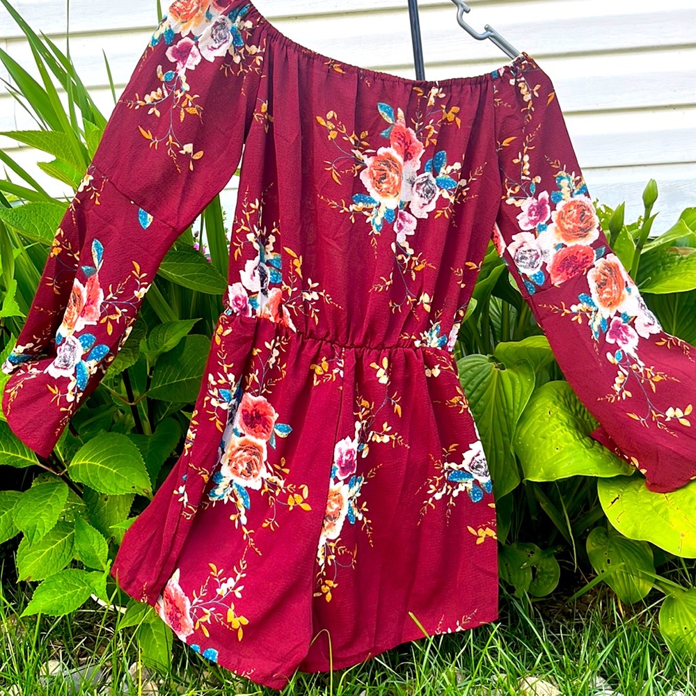 Burgundy Long Sleeve Romper deatiled with Floral Print!